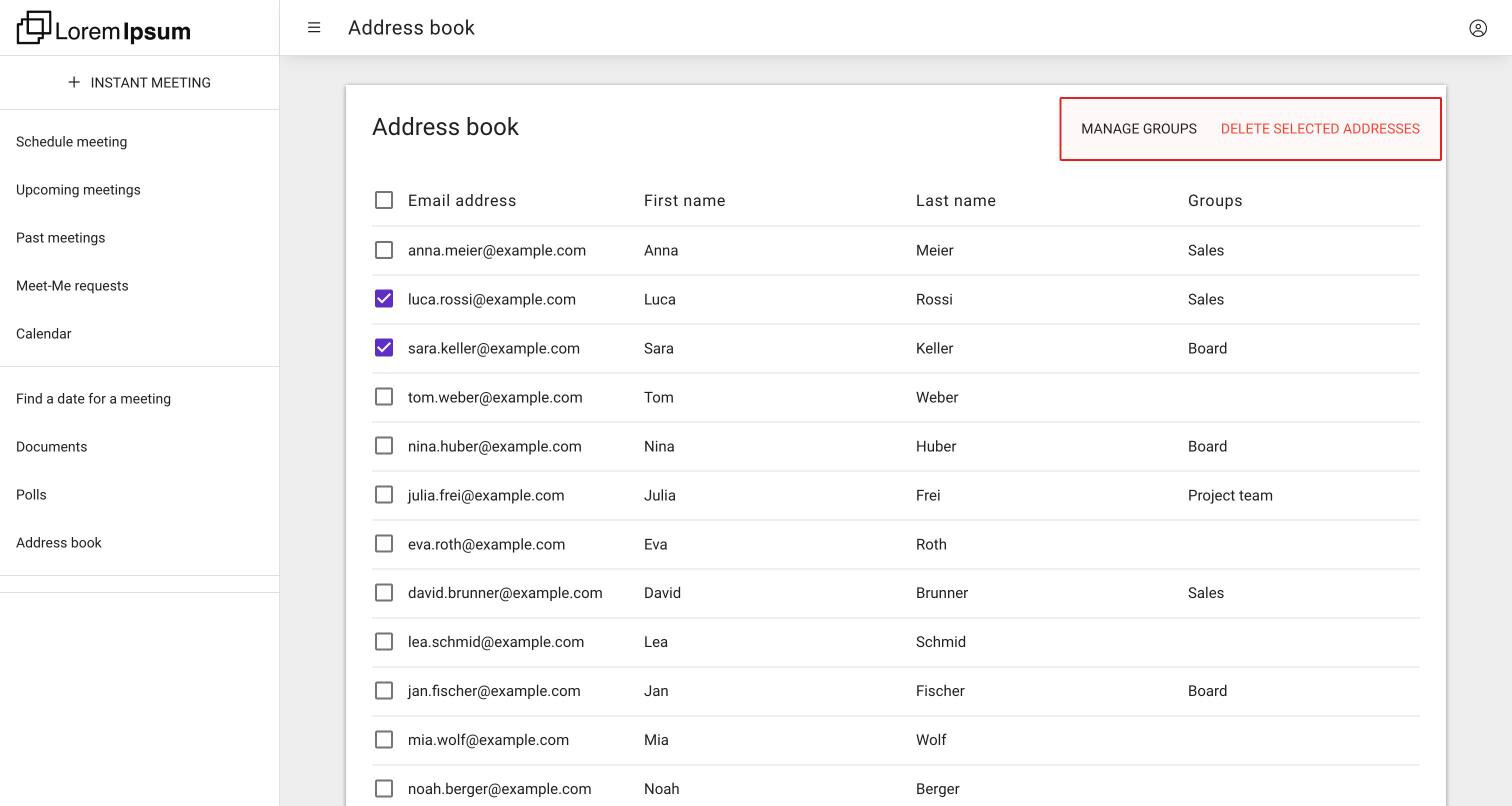 The Address book with contacts and groups, two contacts selected so that Manage groups and Delete selected addresses appear