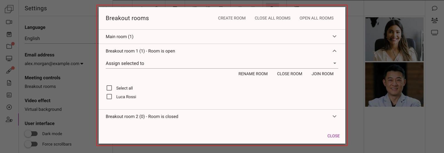 The Breakout rooms dialog with the main room, an open breakout room with one assigned participant and a closed breakout room