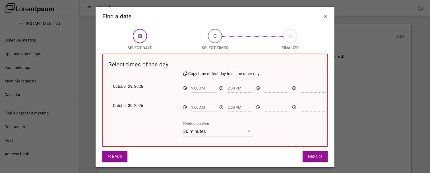 The Find a date dialog at the Select times step, with two days, a start and an end time each, and the meeting duration