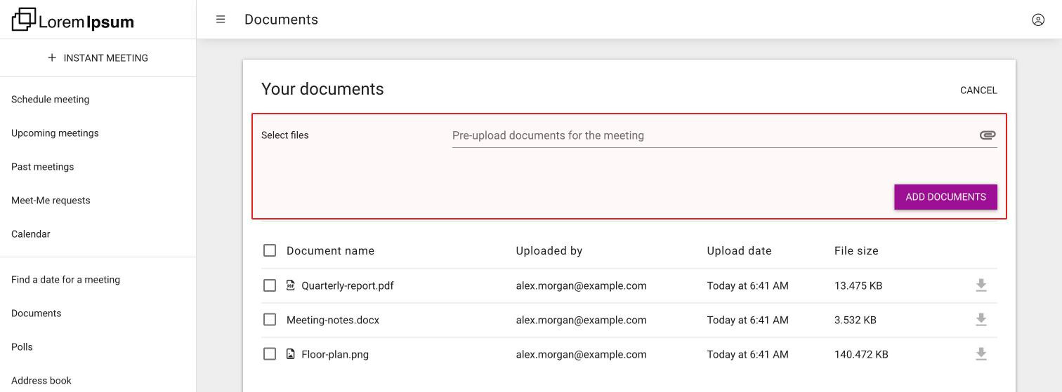 The Your documents list with three documents and the opened form with Select files and Add documents