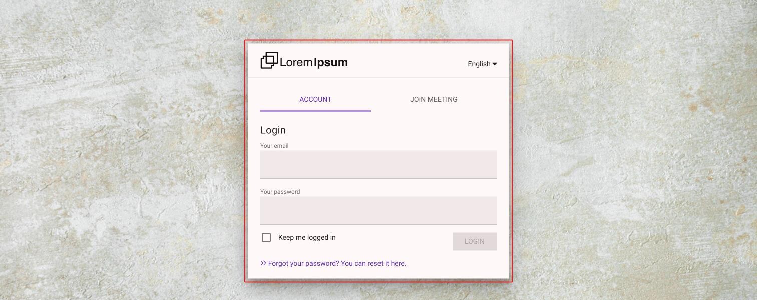 The login page with the Account and Join meeting tabs, the email and password fields, Keep me logged in and the link to reset the password