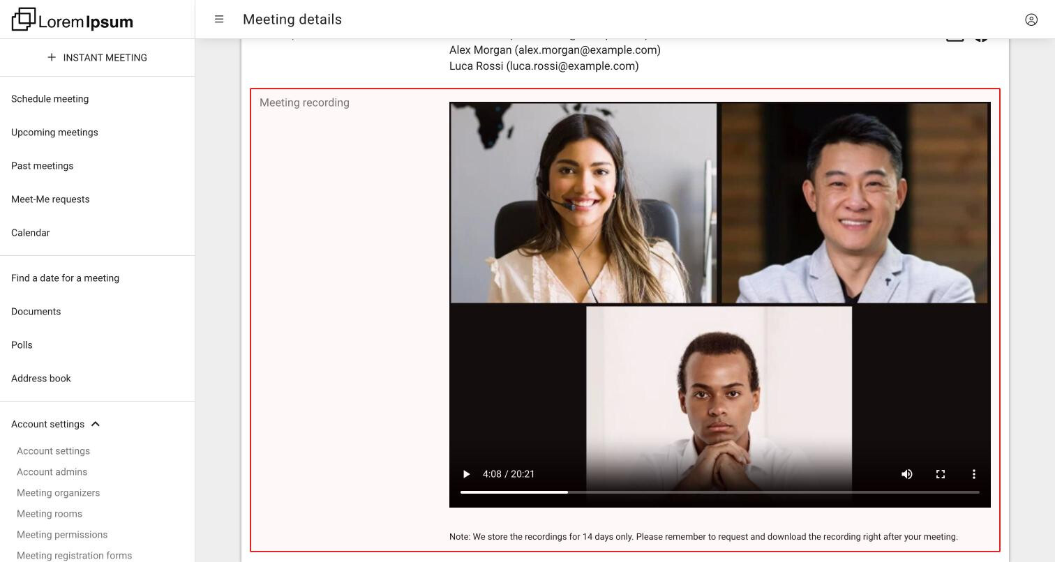 The Meeting recording of a closed meeting: the video player with the recording of three participants and the note that recordings are stored for 14 days only