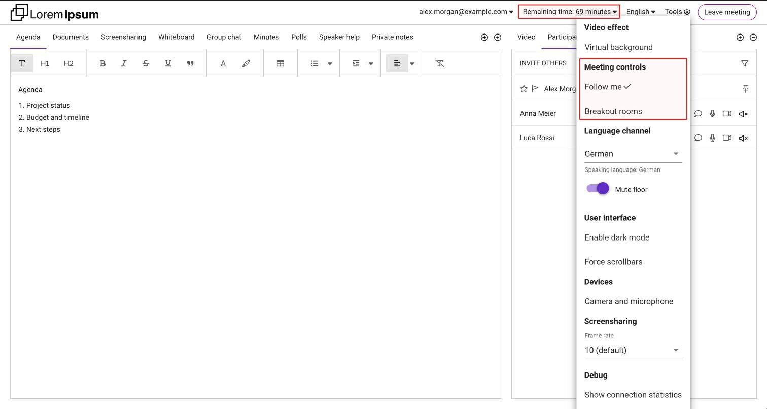 A running meeting in the classic layout seen by the organizer: Remaining time in the top bar and the Tools menu open at Meeting controls with Follow me and Breakout rooms