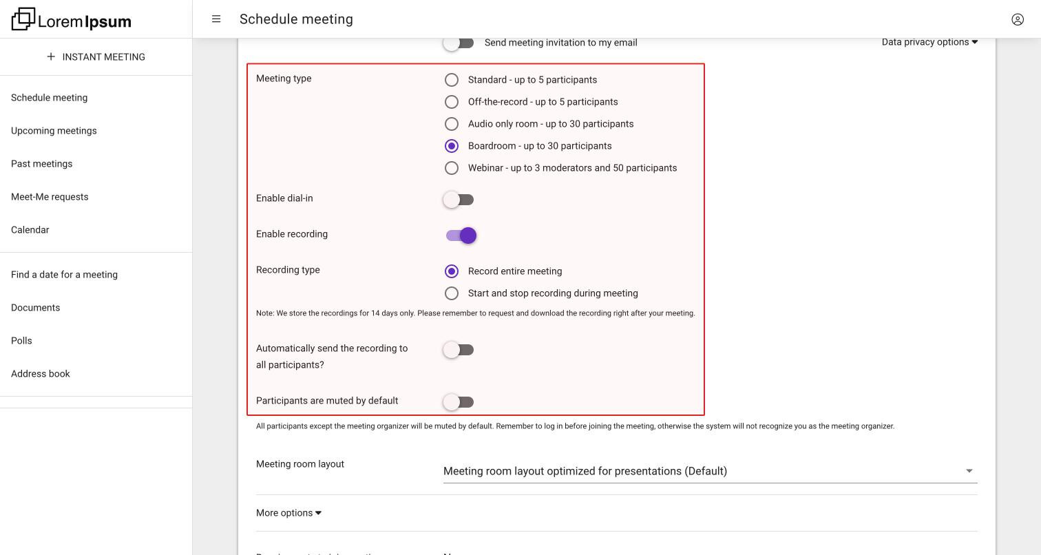 The meeting types in the schedule form with Boardroom selected, and the Enable dial-in, Enable recording, Recording type, Automatically send the recording and Participants are muted by default options below