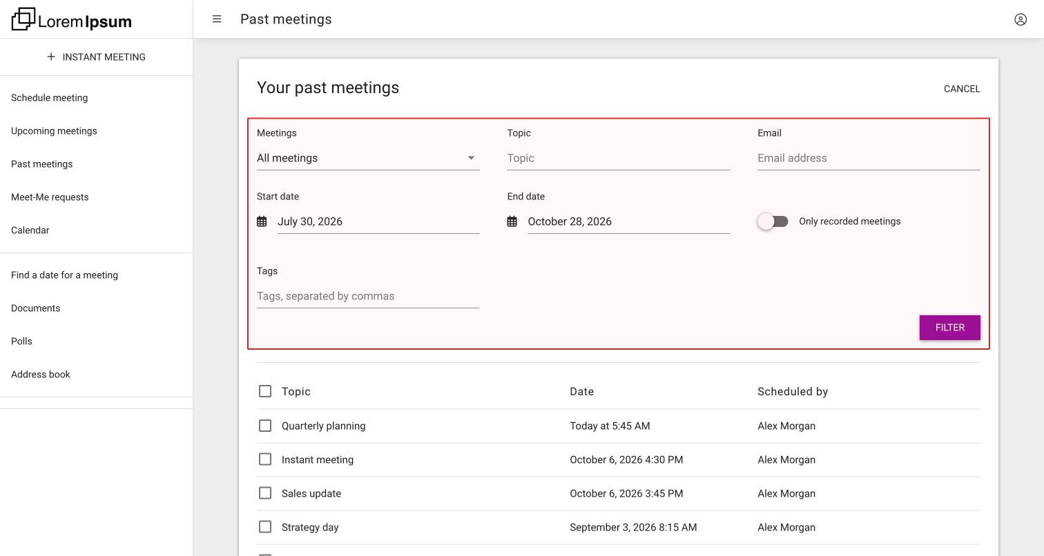 The Your past meetings list with the filter open: meetings, topic, email, start date, end date, Only recorded meetings and tags