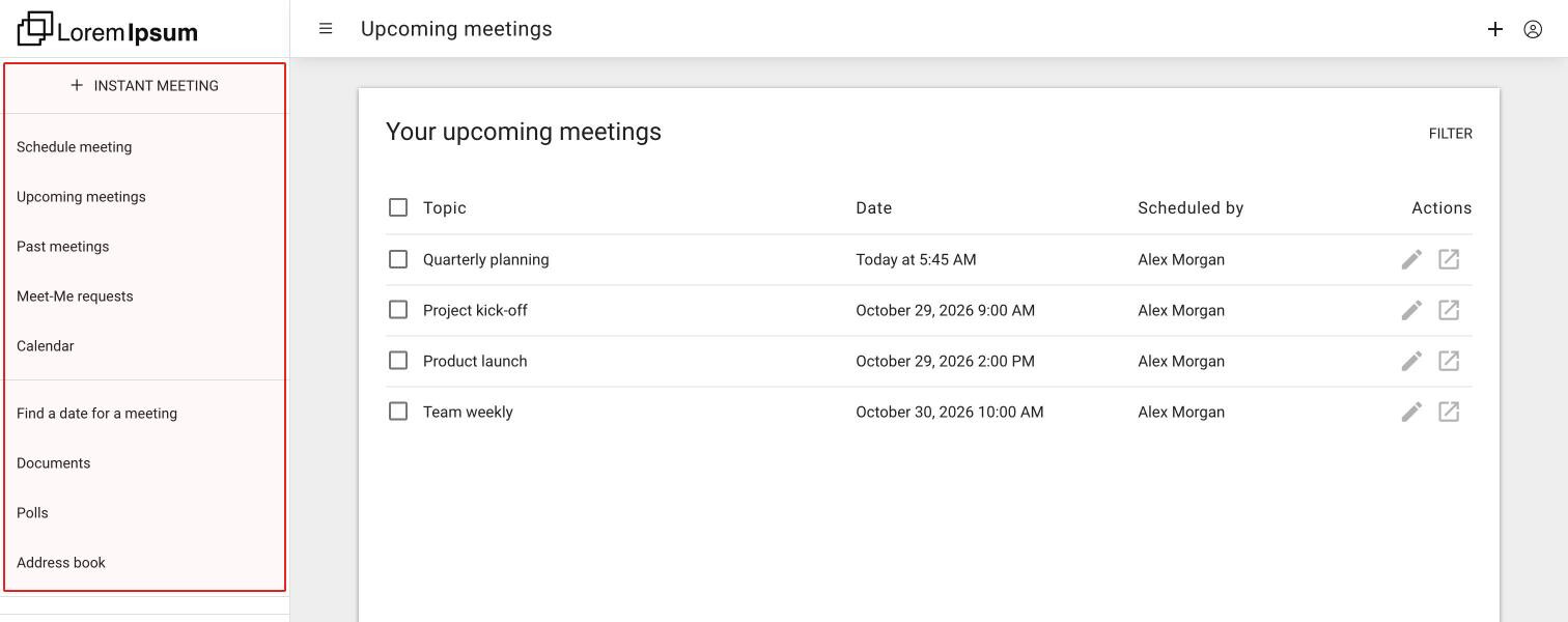 The portal after login: the side menu with Instant meeting, Schedule meeting, Upcoming meetings and the other entries, and the list of upcoming meetings