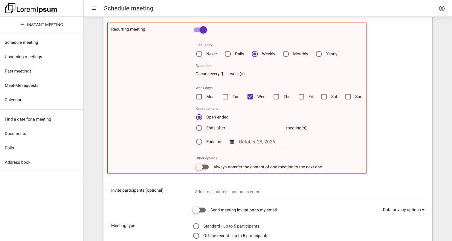 The schedule form with Recurring meeting switched on and Weekly chosen: repetition, week days, repetition end and Always transfer the content of one meeting to the next one