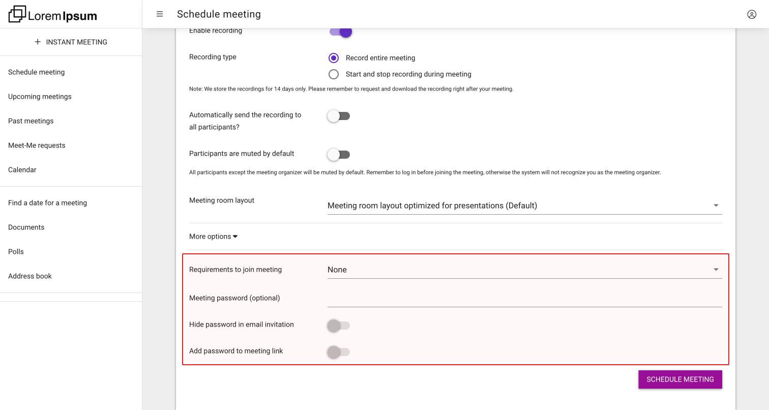 The Requirements to join meeting setting in the schedule form with the meeting password, Hide password in email invitation and Add password to meeting link