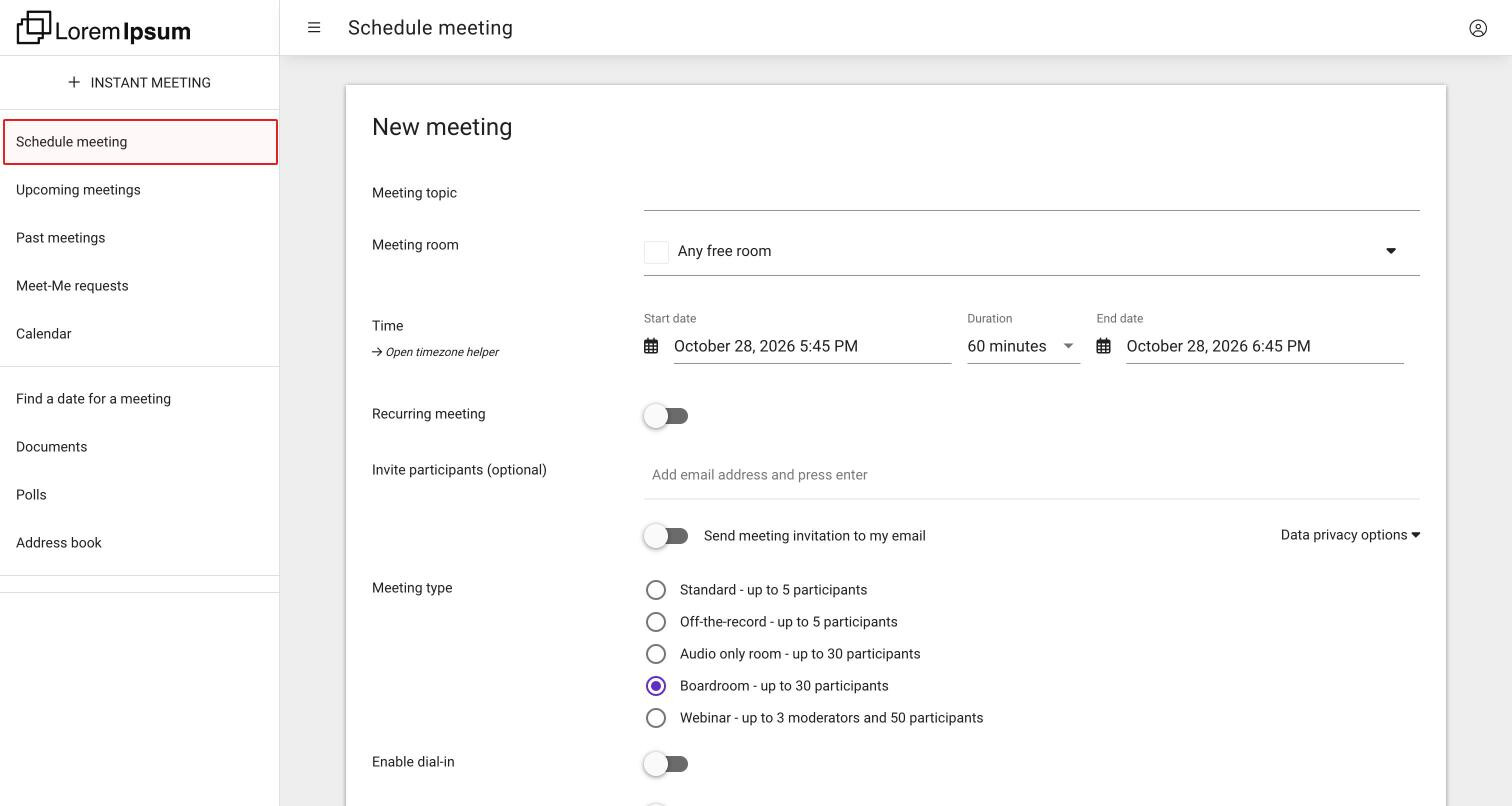 The empty New meeting form with topic, meeting room, time, recurring meeting, invite participants and meeting type