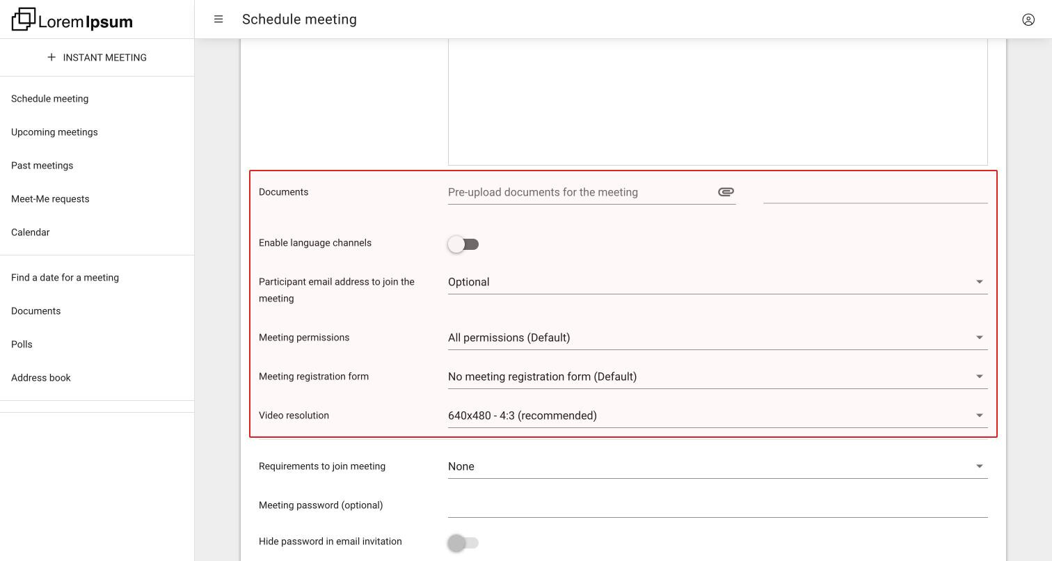 The opened More options of the schedule form with documents, language channels, participant email address, meeting permissions, meeting registration form and video resolution