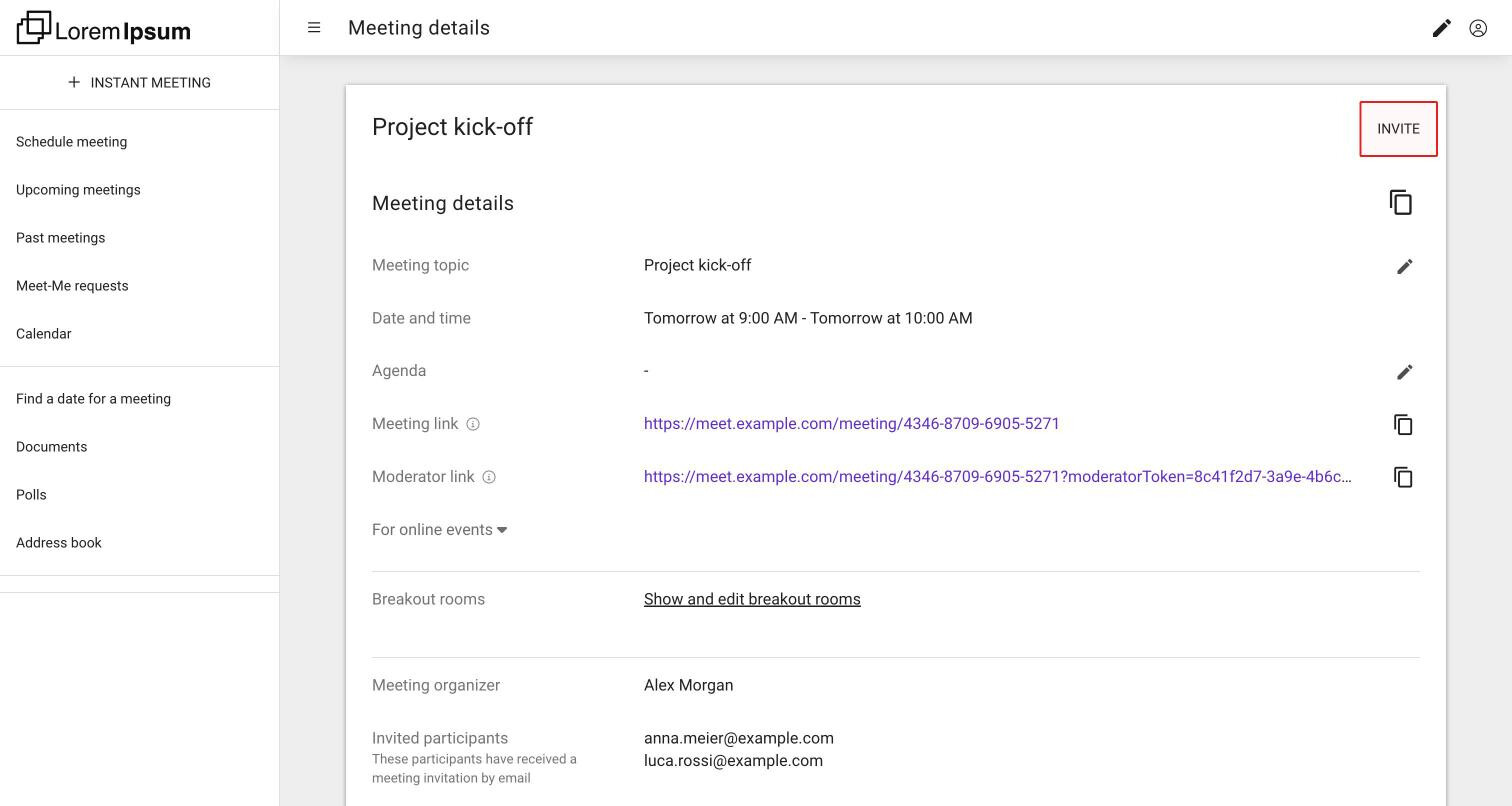 The details page of a scheduled meeting with topic, date and time, agenda, meeting link, moderator link, breakout rooms, organizer, invited participants and the Invite button