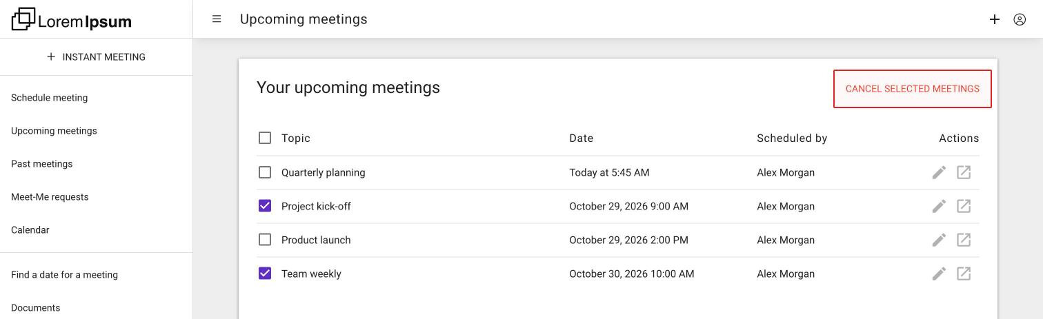 The Your upcoming meetings list with two meetings selected, so that Cancel selected meetings appears
