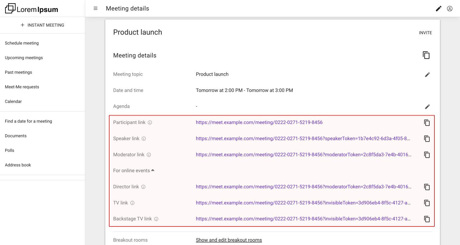 The details page of a webinar with Participant link, Speaker link, Moderator link and the opened For online events section with Director link, TV link and Backstage TV link