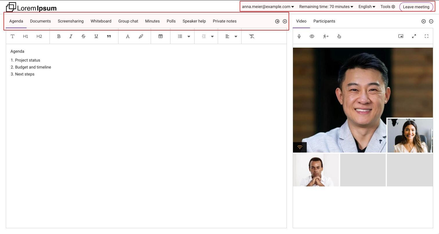 A meeting in the classic layout as a participant: the tool tabs from Agenda to Private notes in the top menu, the email address, Remaining time, language, Tools and Leave meeting at the top right, and the video on the right