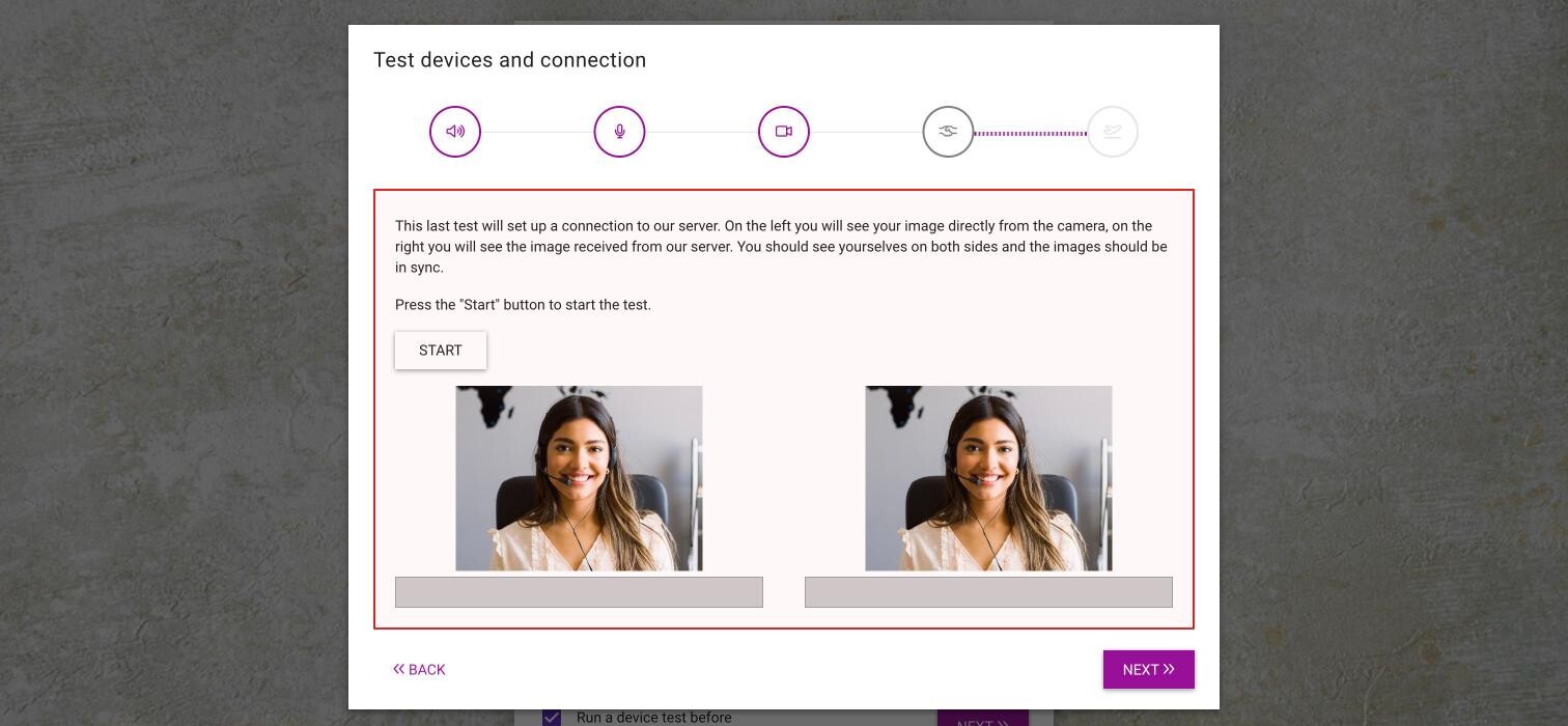The Test devices and connection window at the connection step, with the Start button and the camera image on the left and the image returned by the server on the right