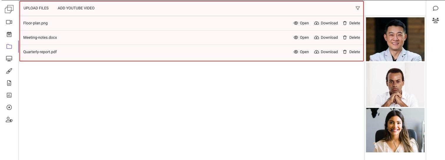 The Documents tab with three files, Upload files and Add YouTube video in the toolbar, and Open, Download and Delete next to each file