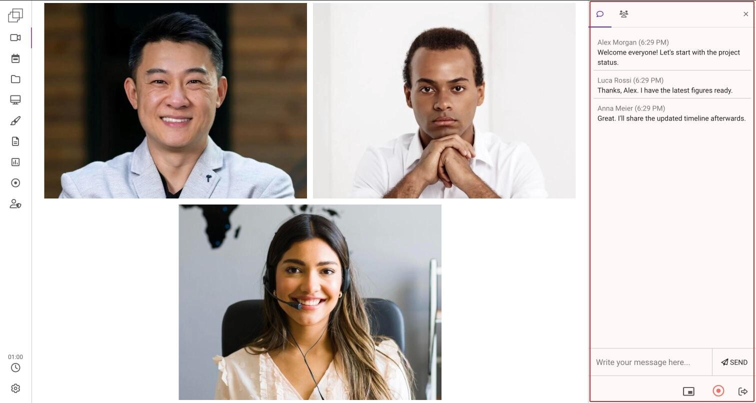 The group chat in the right sidebar with three messages from different participants and the field Write your message here