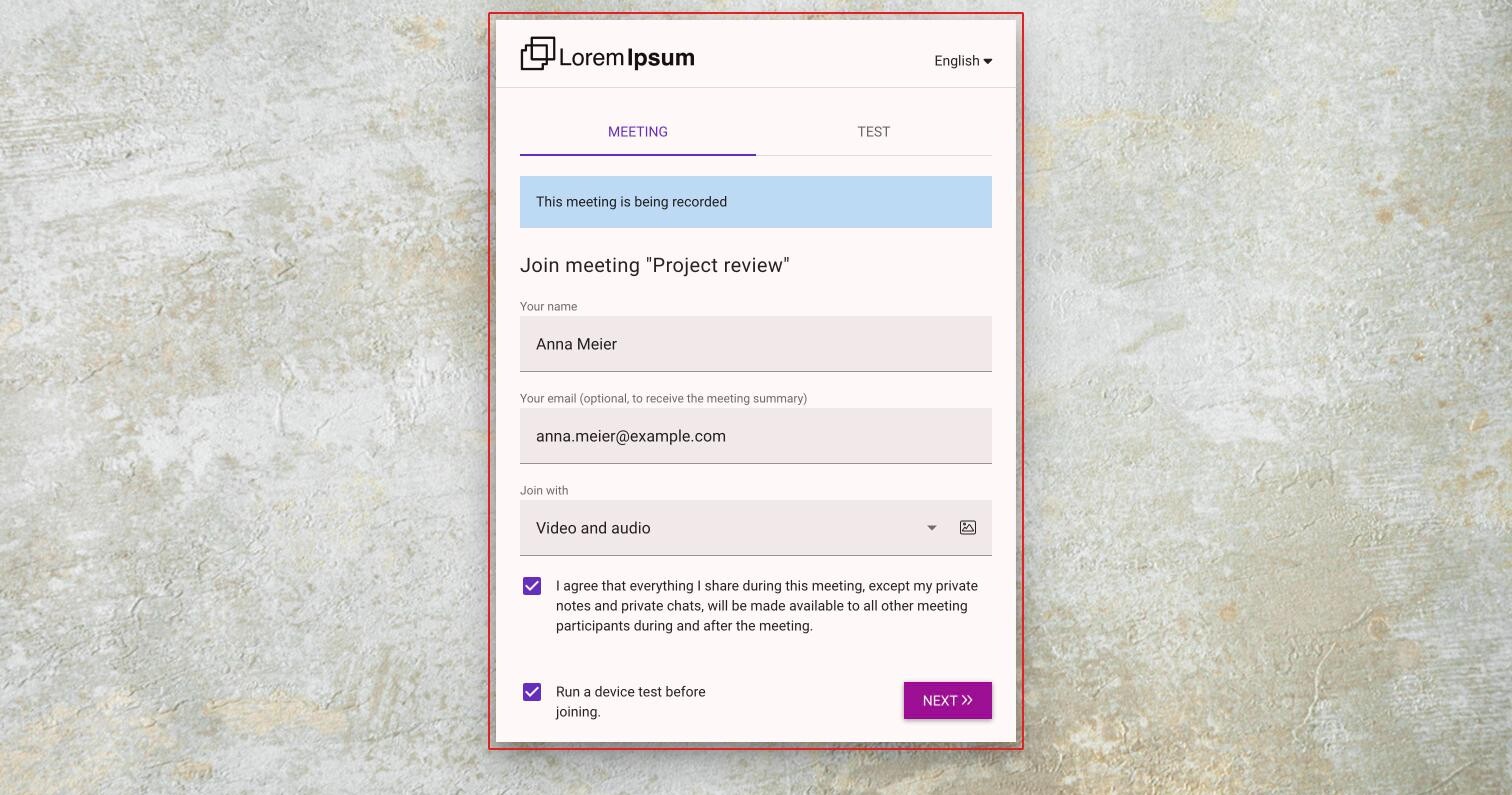 The join page of a recorded meeting with the note This meeting is being recorded, the fields Your name, email and Join with, the consent checkbox, Run a device test before joining and the Next button