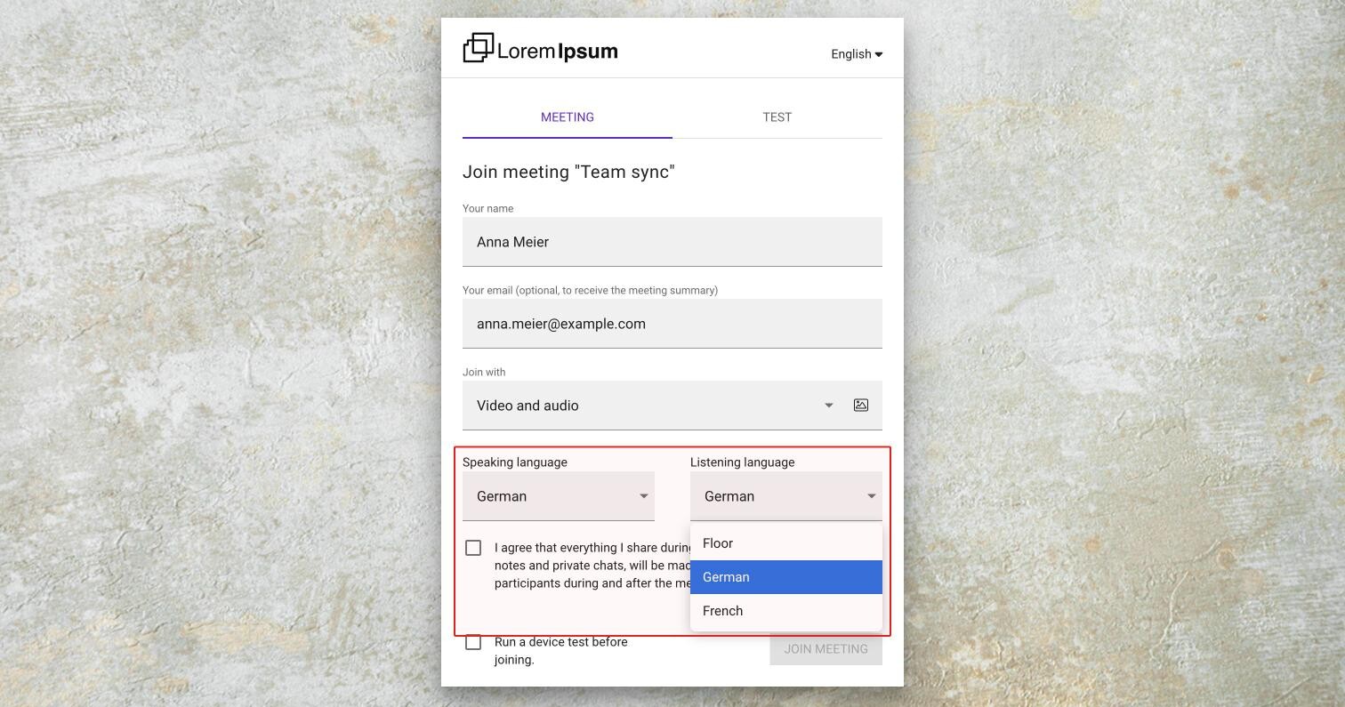 The join page of a meeting with language channels: Speaking language and Listening language next to each other, Listening language open with Floor, German and French