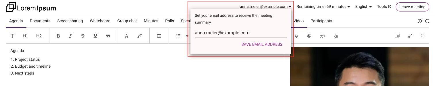 The email address menu in the top bar of the classic layout, with the text Set your email address to receive the meeting summary, an address entered and Save email address