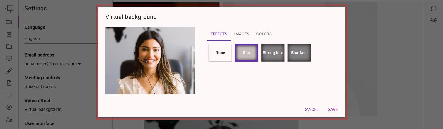 The Virtual background window with the camera preview on the left and the Effects tab open, Blur selected