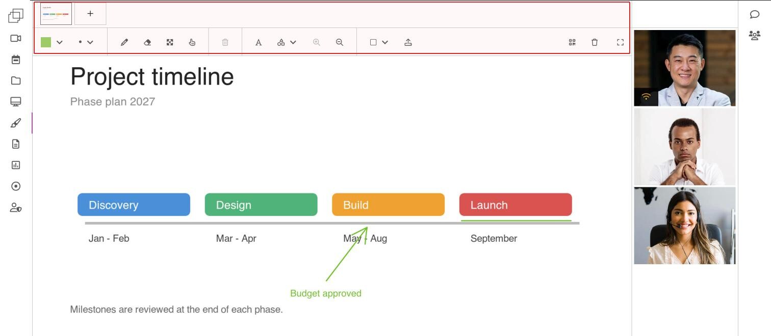 The whiteboard with the slide gallery and the toolbar at the top and a project timeline slide with a drawn arrow and a text