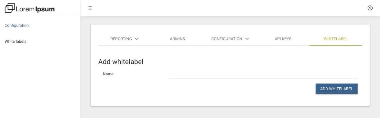 The Whitelabel tab of a reseller in the partner portal, with the Name field and the Add whitelabel button