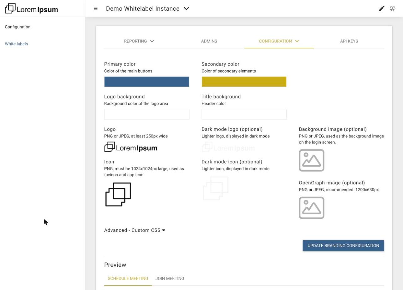 The branding page of an instance with primary and secondary color, logo and title backgrounds, logo, icon, dark-mode variants, background image and OpenGraph image