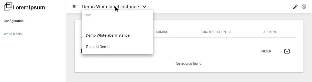 The instance switcher at the top of the partner portal, open, with a filter field and two instances