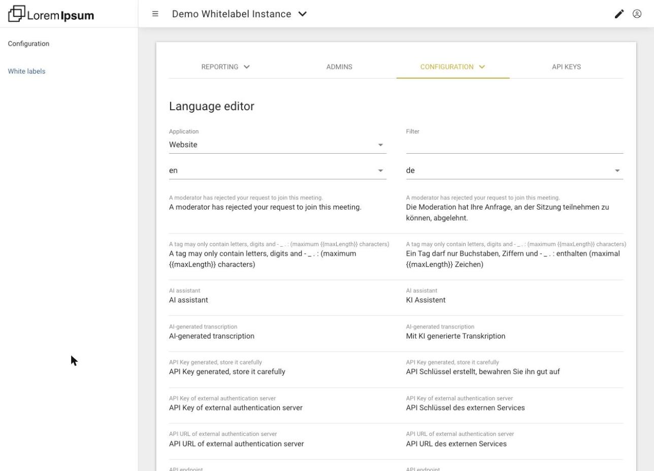 The language editor with the application set to Website, English and German side by side, and a filter field