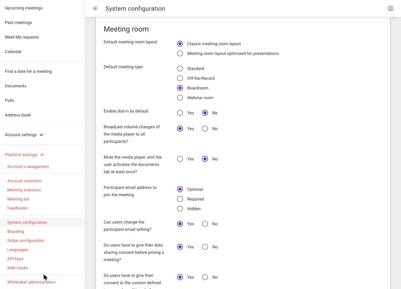 The start of the Meeting room section: default layout, default meeting type, dial-in, media player and participant email settings