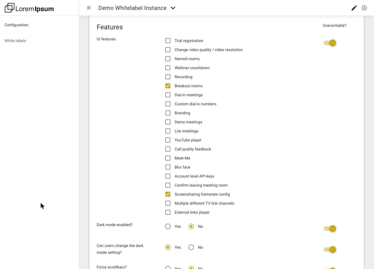 The Features section of an instance's white-label settings as its reseller sees it, with the Overwritable? switch in the right-hand column