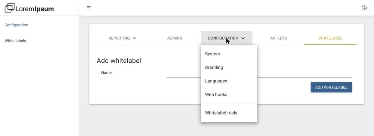 A reseller's tabs in the partner portal with the Configuration menu open: System, Branding, Languages, Web hooks and Whitelabel trials