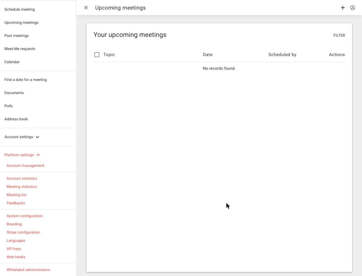 The side menu inside an instance with Platform settings expanded: account management, statistics, system configuration, branding, Stripe configuration, languages, API keys, web hooks and whitelabel administrators